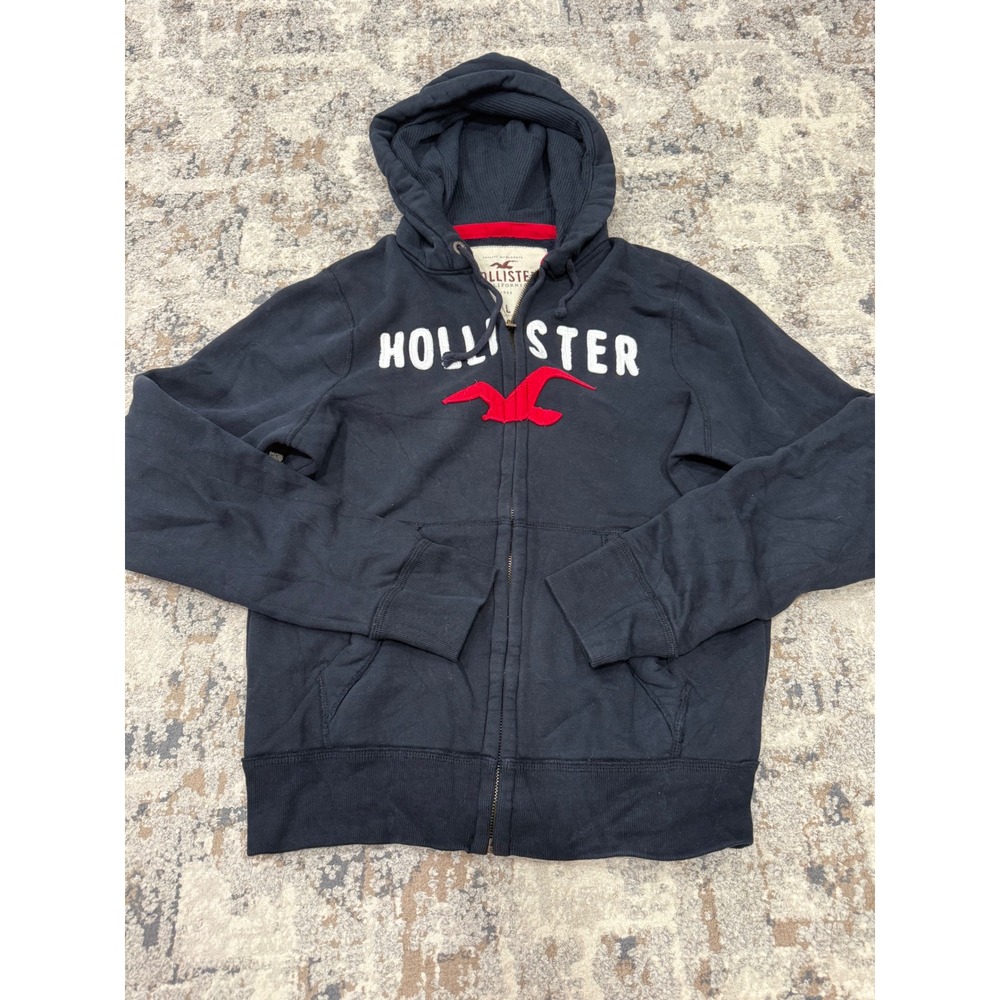 Hollister Mens Navy Blue Full Zip Graphic Logo Waffle Hoodie Sweatshirt Large